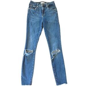 Women's Good American Good Legs jeans raw hem high rise blown out knees med wash